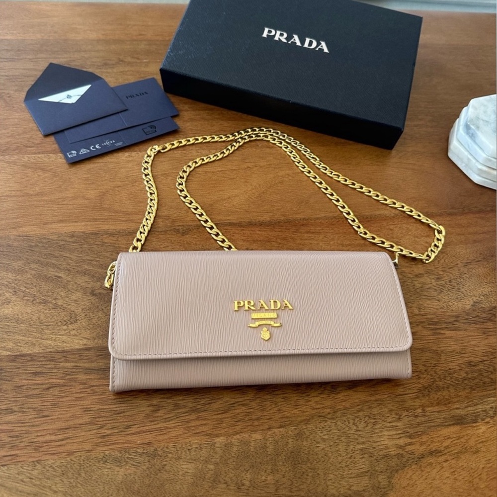 Brand New Prada Saffiano Wallet on a Chain in Taupe